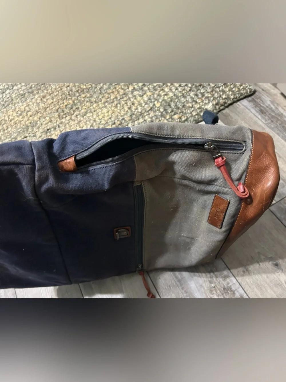 Fossil Relic Men's Defender Rolltop Backpack, Navy/Grey Canvas and Leather